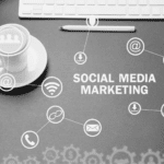 Social Media Marketing graphic layered over a desk
